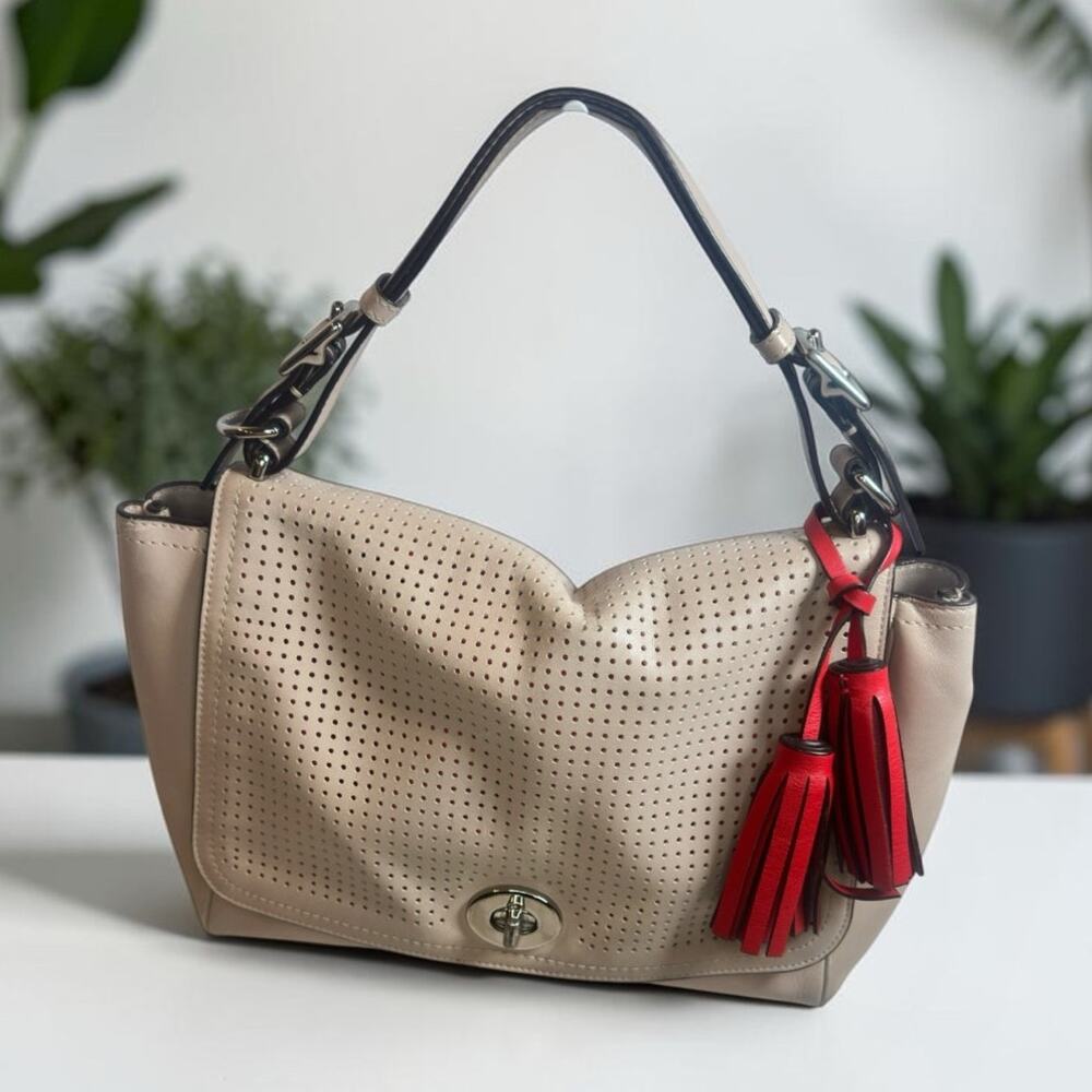 Coach Beige Perforated Leather Shoulder Bag Red Tassel Turnlock and Dust Bag
